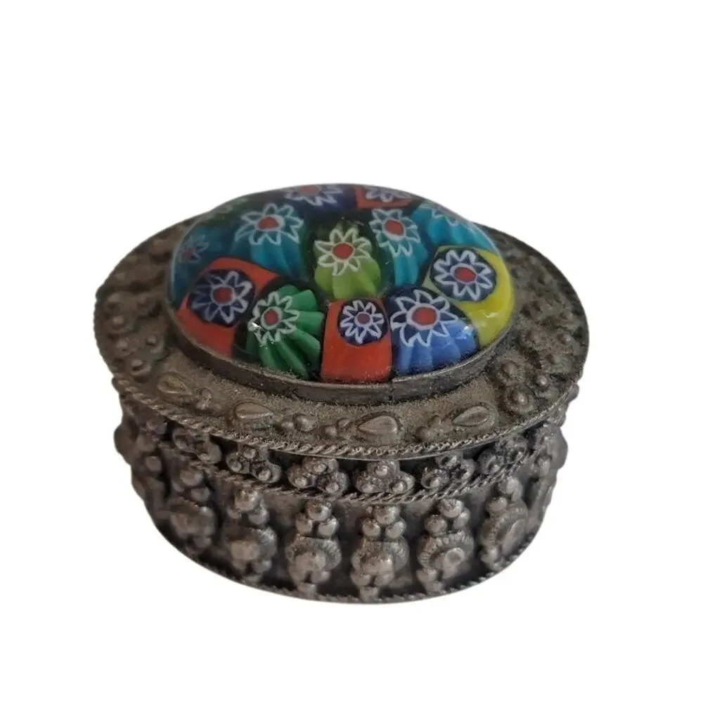 Vintage mini millefiori glass silverplate Lined metal trinket stash pill box 2